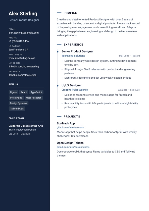 Sidebar resume template preview