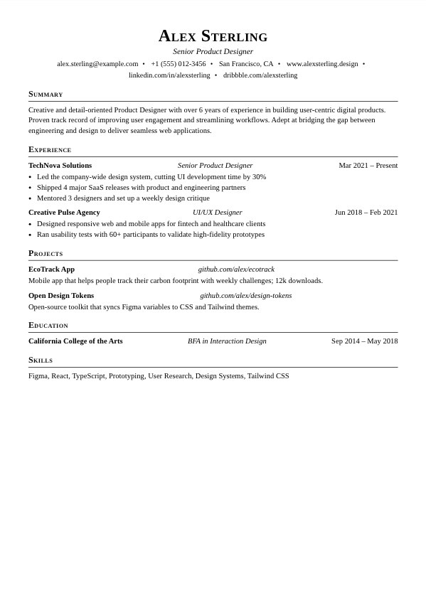 Standard resume template preview